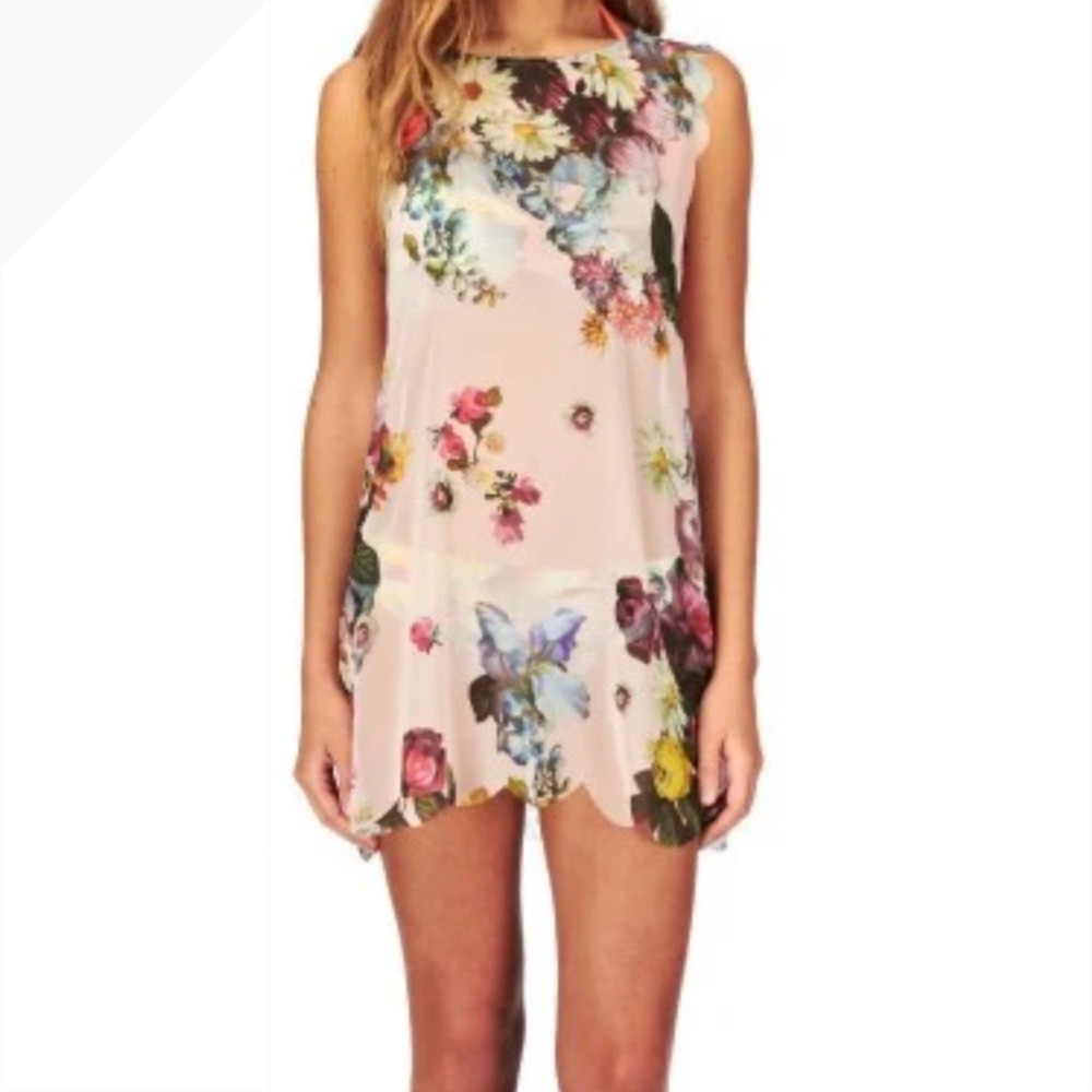 Ted Baker watercolor Pink Floral Scalloped Hem Sleeveless coverup sheer dress m